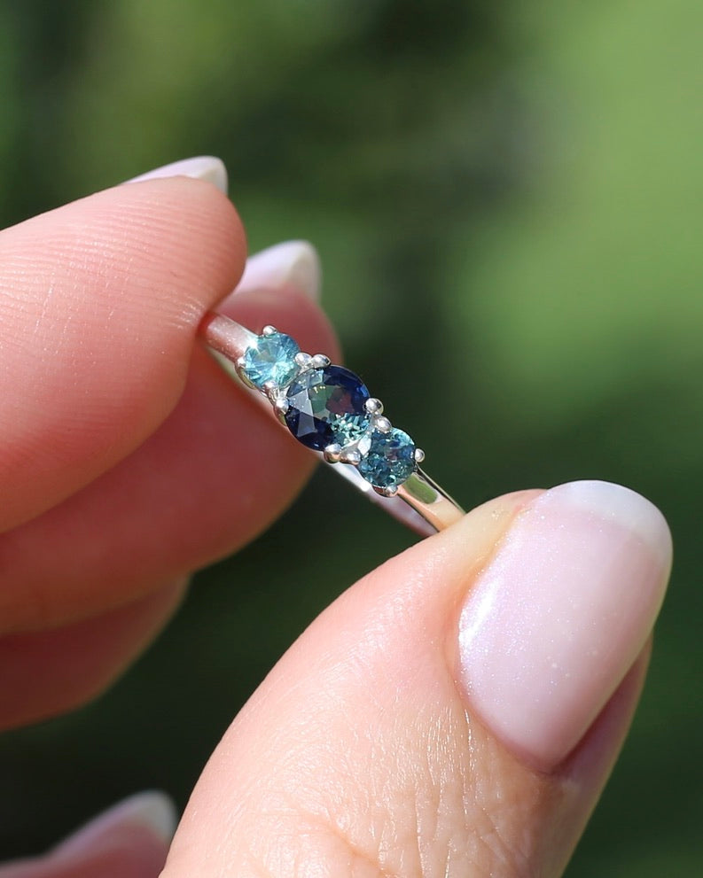 0.85ct Natural Parti Sapphire Trilogy Ring, Sterling Silver, size Q or 8.25, 1.98g