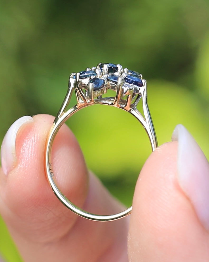 Vintage Blue Sapphire and Diamond Cluster Ring, 9ct Yellow Gold, size N or 6.75, 2.34g