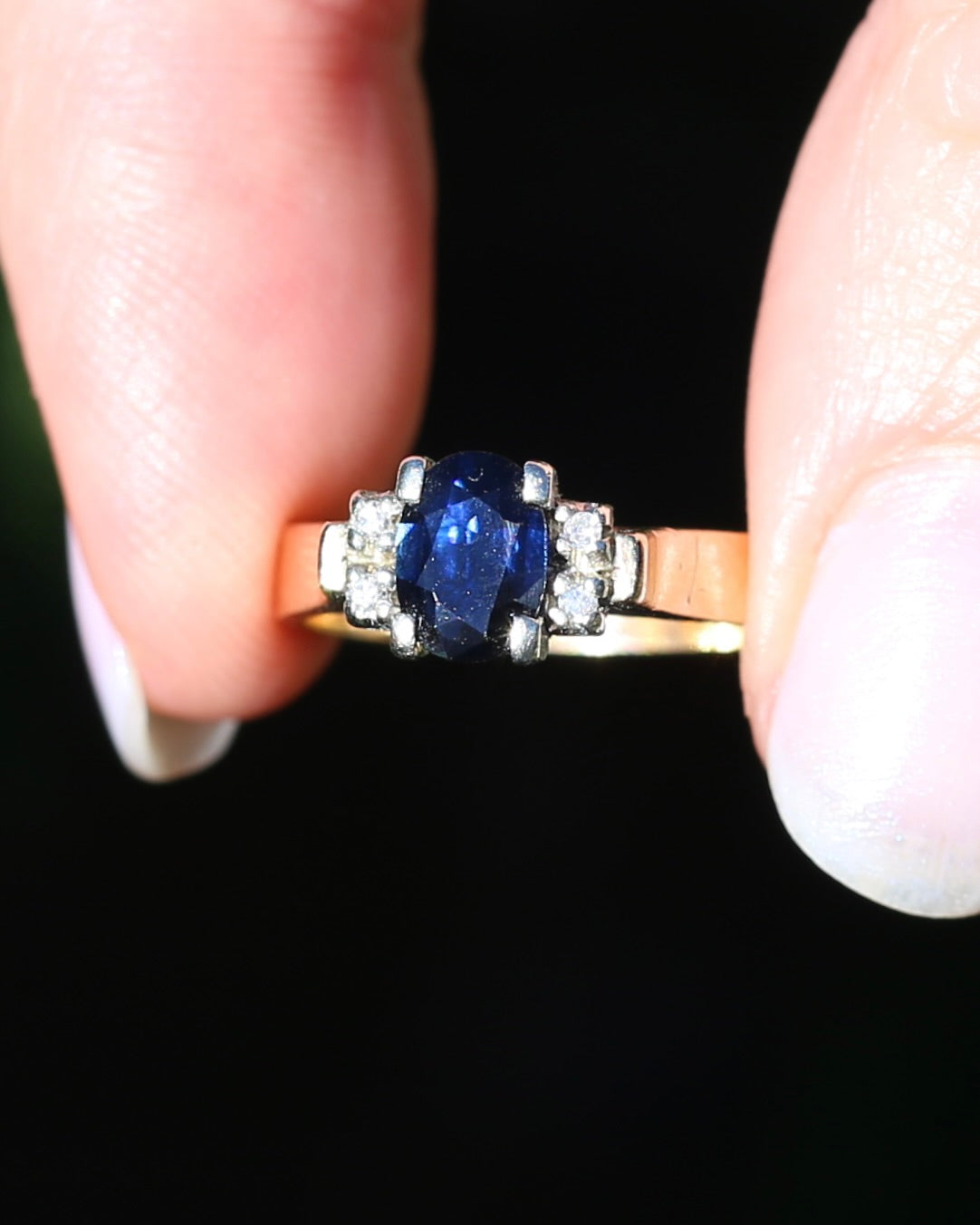 Circa 1970s Natural Sapphire and Diamond Ring, 9ct Yellow and White Gold, size M or 6.25, 4.19g