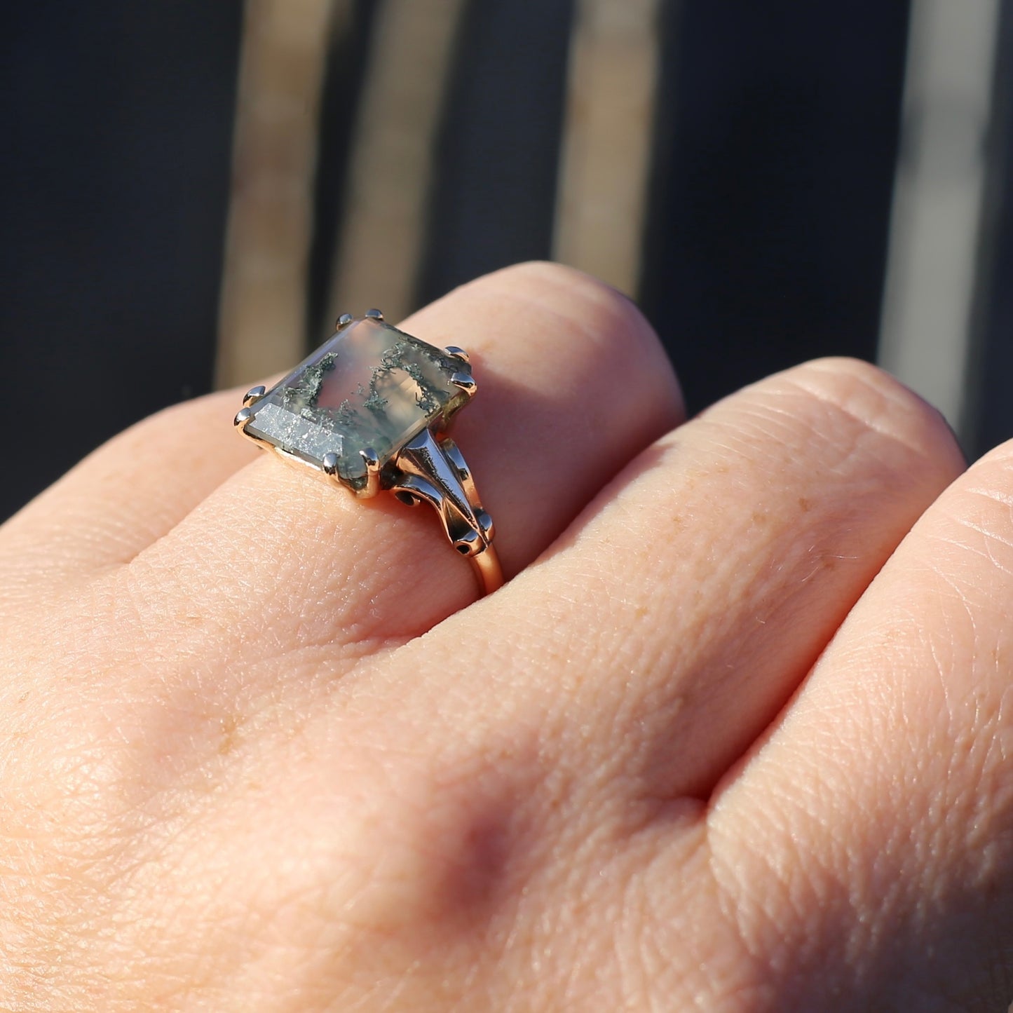 4.95ct Emerald Cut Moss Agate Ring with Fabulous Double Claws, 9ct Older Rosey Gold, size N1/2 or 6.75