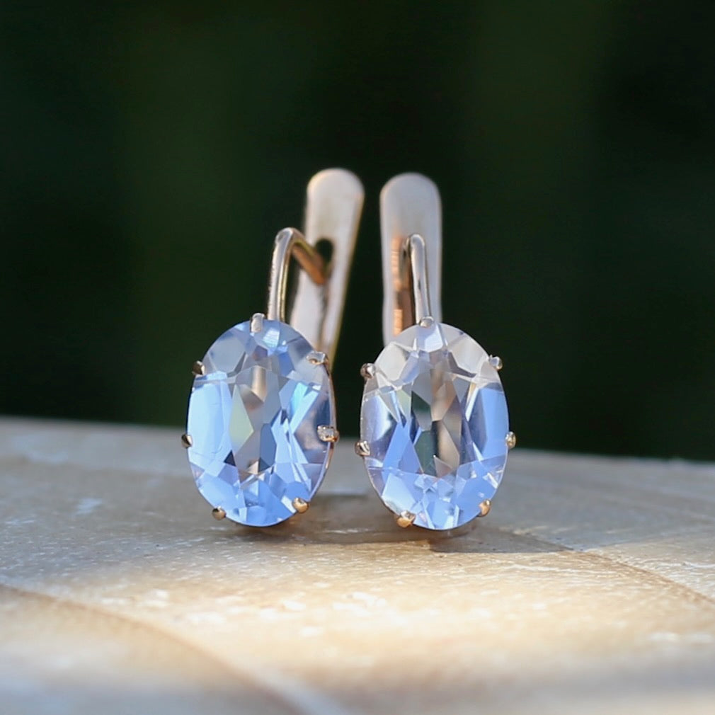 Vintage Russian Pale Lilac Blue Spinel Earrings with Lever Backs, 14ct Rosey Gold, 3.03g