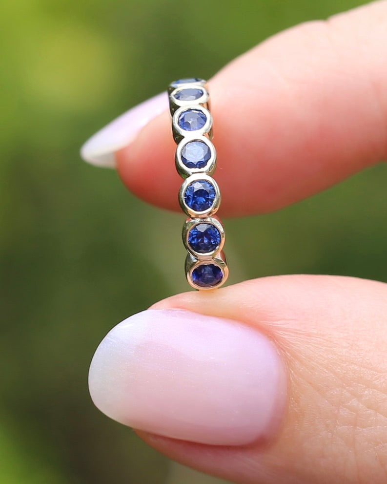 Second Glance - 9 Stone Bezel Set Blue Sapphire Bubble Half Eternity Ring, 9ct Yellow Gold, size N or just over 6.5, 2.80g