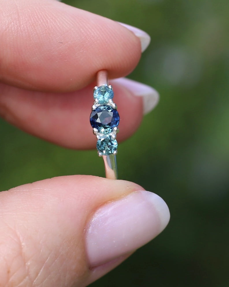 0.85ct Natural Parti Sapphire Trilogy Ring, Sterling Silver, size Q or 8.25, 1.98g