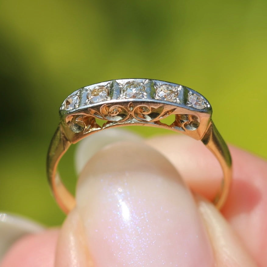 1930s Old Cut 5 Stone Diamond Ring, Platinum and 18ct Yellow Gold, size L or 5.75