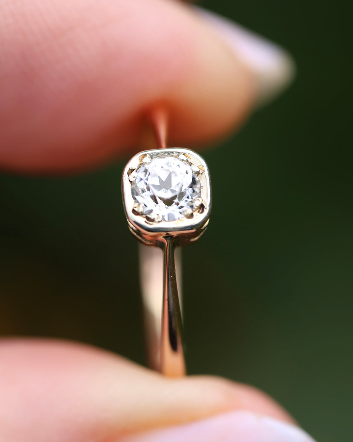 Old Cut White Sapphire in Handmade Setting, 9ct Old Rosey Gold, size N1/2 or 7, 1.19g