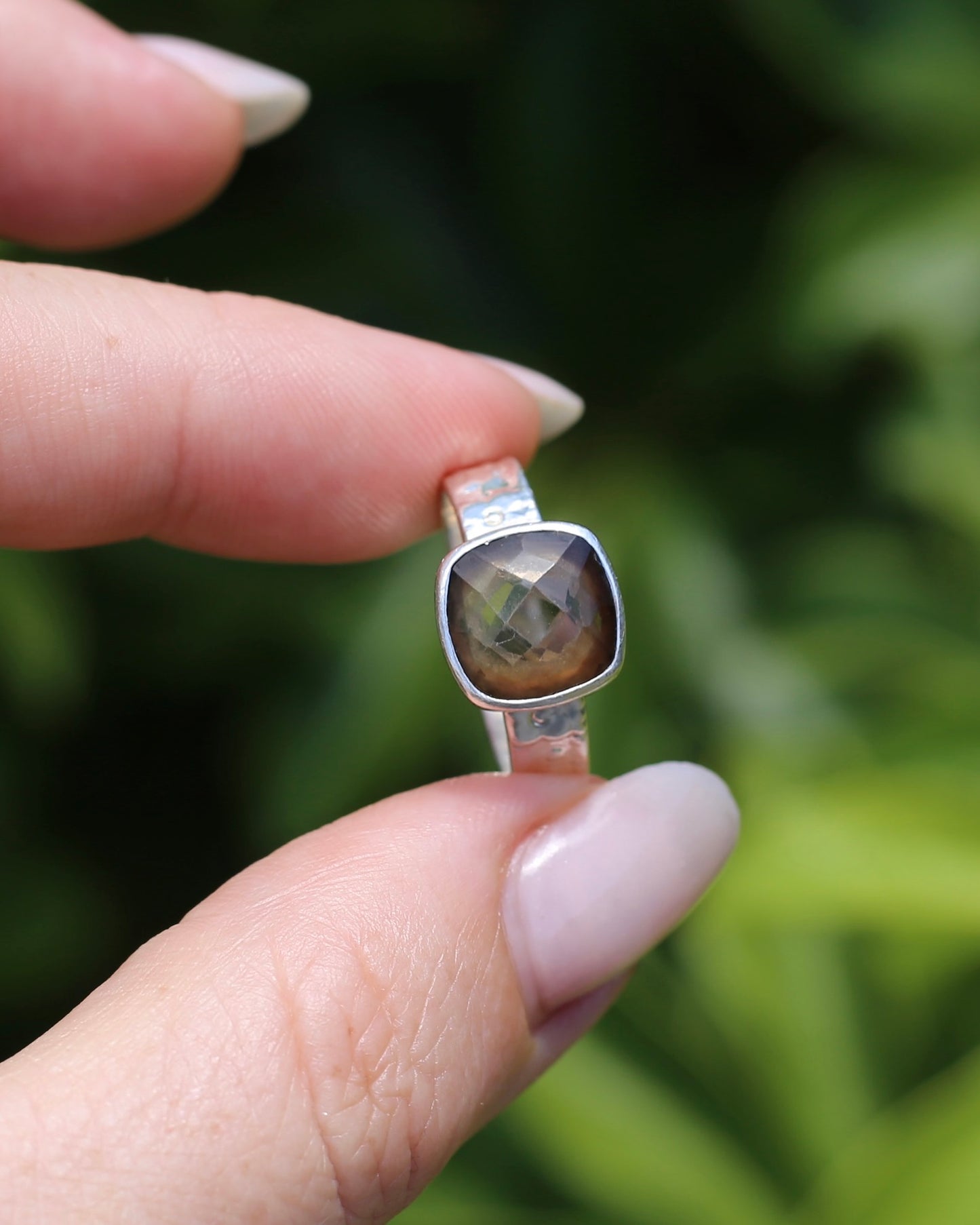 Harlequin Cut Smoky Quartz in Bezel Frame, Sterling Silver, 4.7g, size P1/2 or 8 - fits more like an O-O1/2