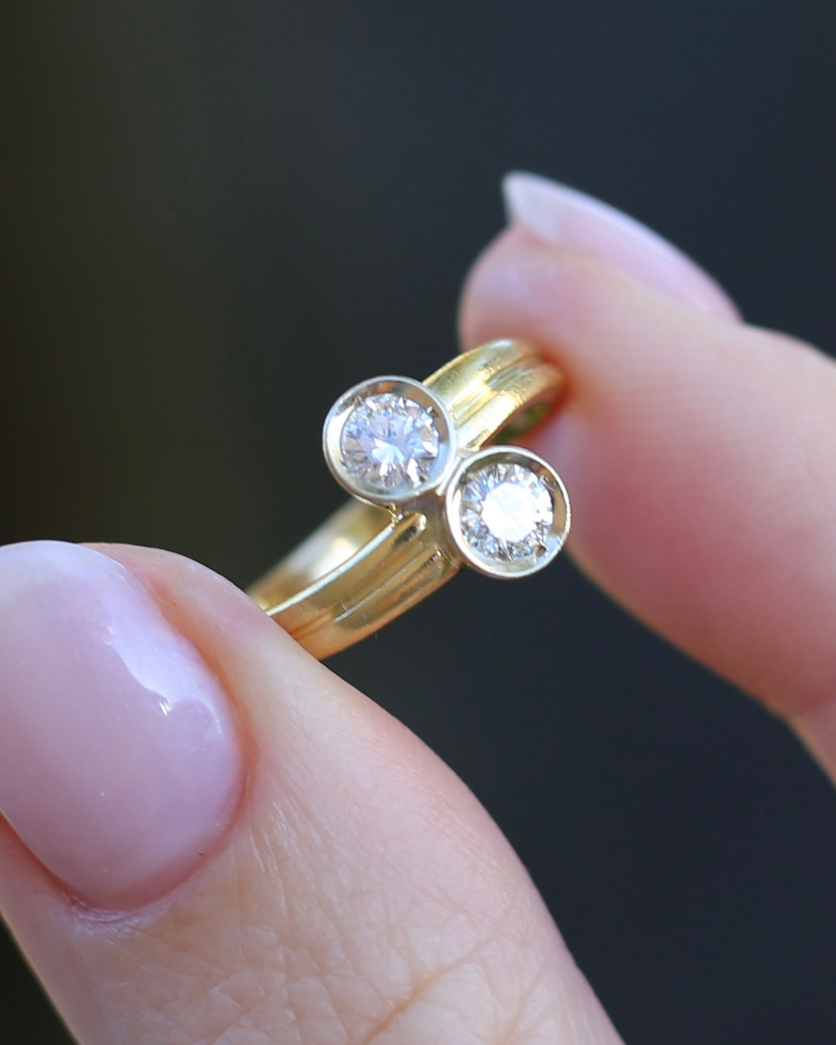 Vintage Toi Et Moi Two Stone Natural Diamond Ring, 18ct Yellow and White Gold Ring, size P1/2 or just over 7.75, 4.42g, with valuation