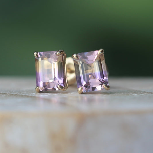 4.5ct Emerald Cut Ametrine Earrings, 9ct Yellow Gold, 2.22g