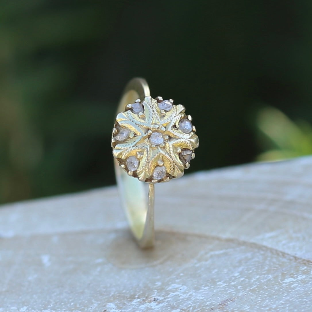 Rustic Handmade Likely Victorian Rose and Table Cut Diamond & Quartz Ring, approx 12ct Yellow Gold, size T or 9.5