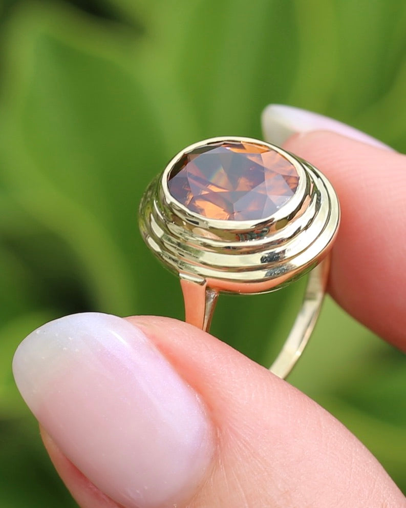 5.08ct Bezel Set Tiered Zircon Ring, 9ct Yellow Gold, size P or 7.5, 14ct Yellow Gold, 4.06g
