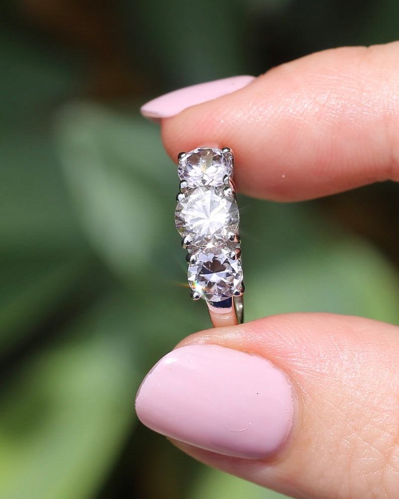 3.7ct Pale Pink Australian Zircon Trilogy Ring, 10ct and 18ct White Gold, size O or just over 7, 3.72g
