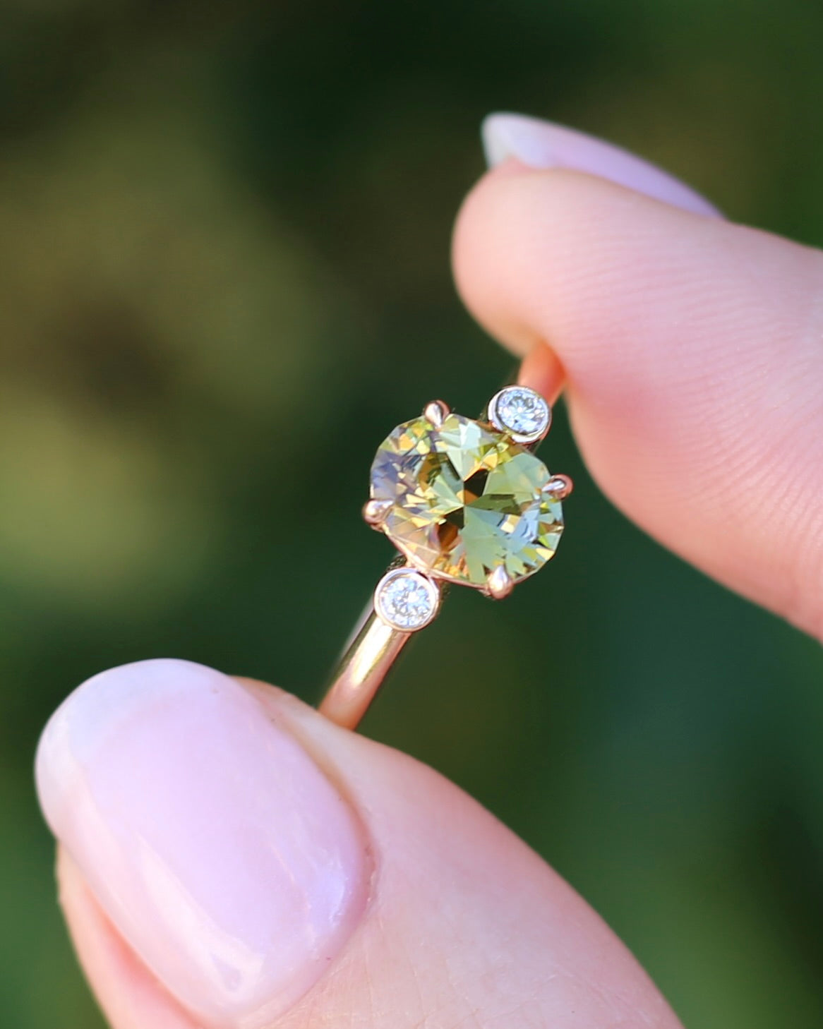 1.57ct Natural Golden Tanzanite Zoisite and Diamond Trilogy Ring, 14ct Rose Gold, size 8.75 or just over R, 3.3g, with valuation