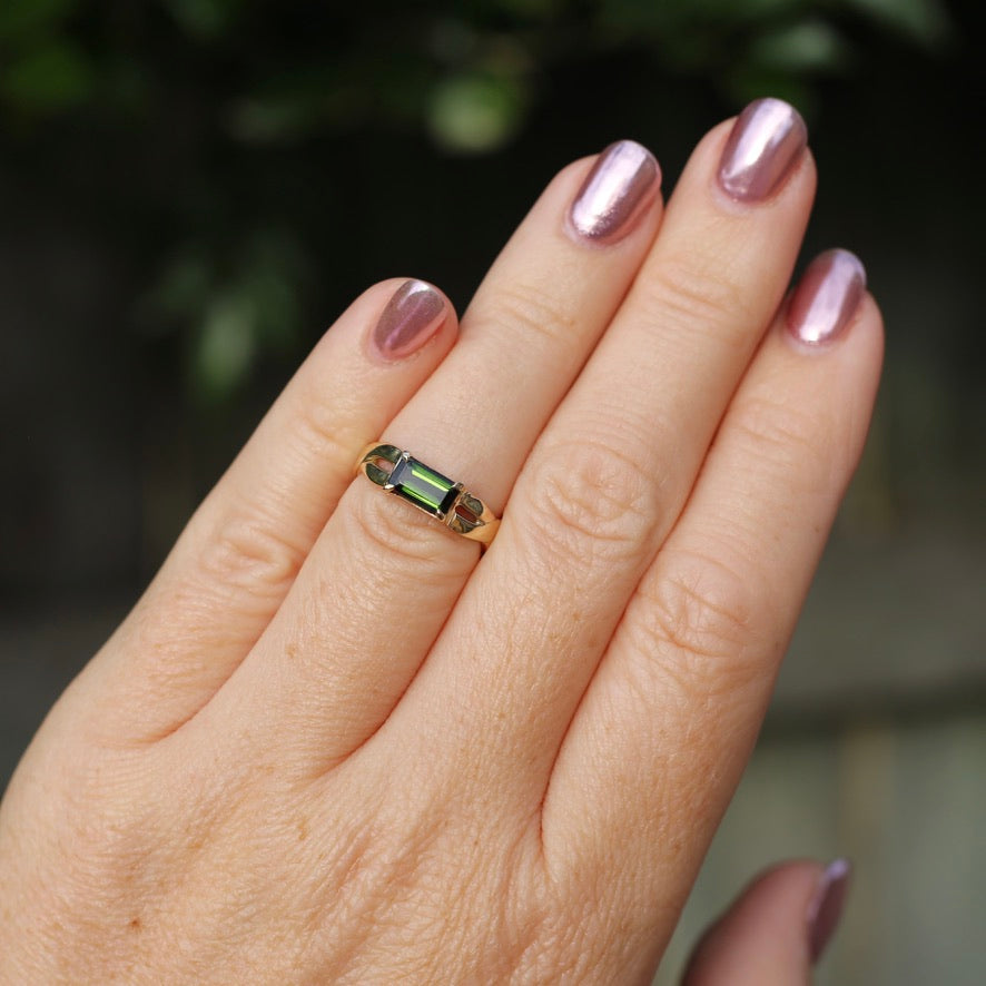 East West Set Emerald Cut Dark Green Natural Tourmaline Ring, 9ct Yellow Gold, size L or 5.75