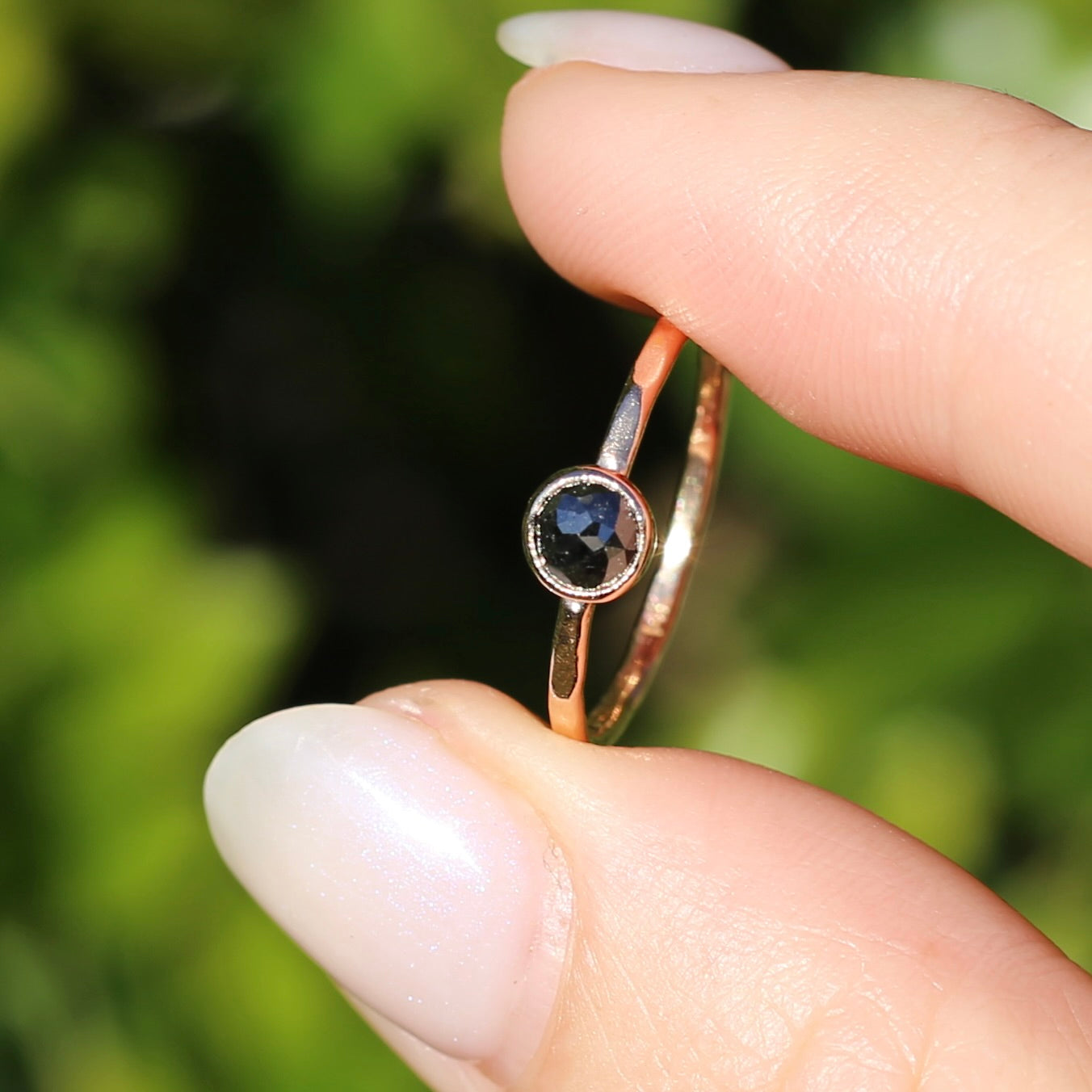 Rose Cut Black Diamond/ Moissanite Ring, 14ct Rose Gold, size 6 or L1/2