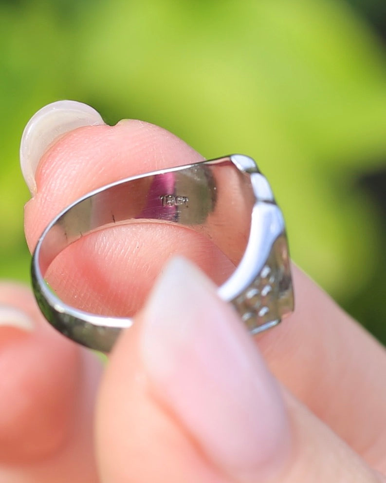 Vintage Shield Signet With Old Cut Diamond, 18ct White Gold, size N or just over 6.5 (fits more like an L1/2-M due to width), 6.86g