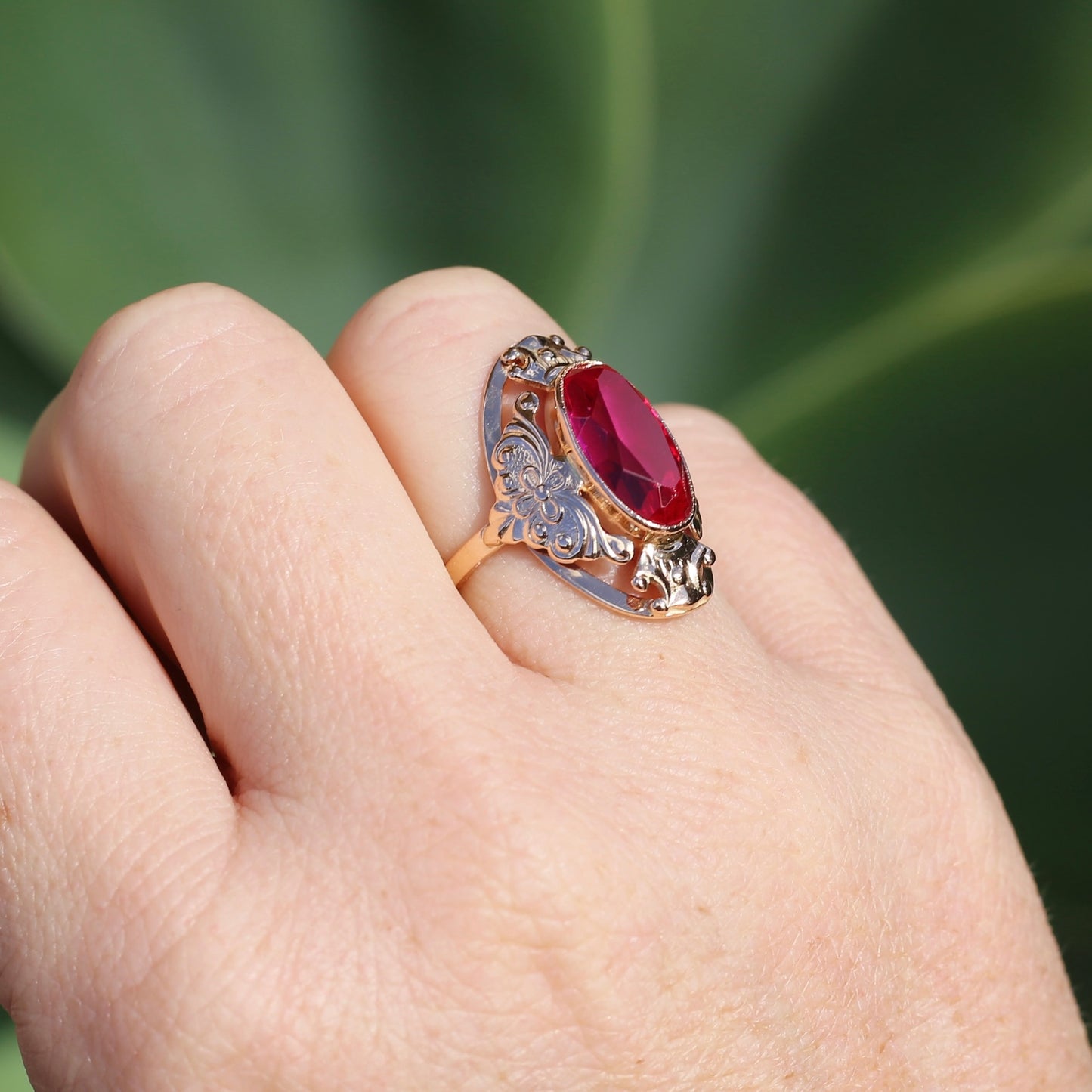 Mid Century Russian Oval Synthetic Ruby in Rosey Gold Floral Setting, 14ct Old Rosey Gold, size N1/2 or 7