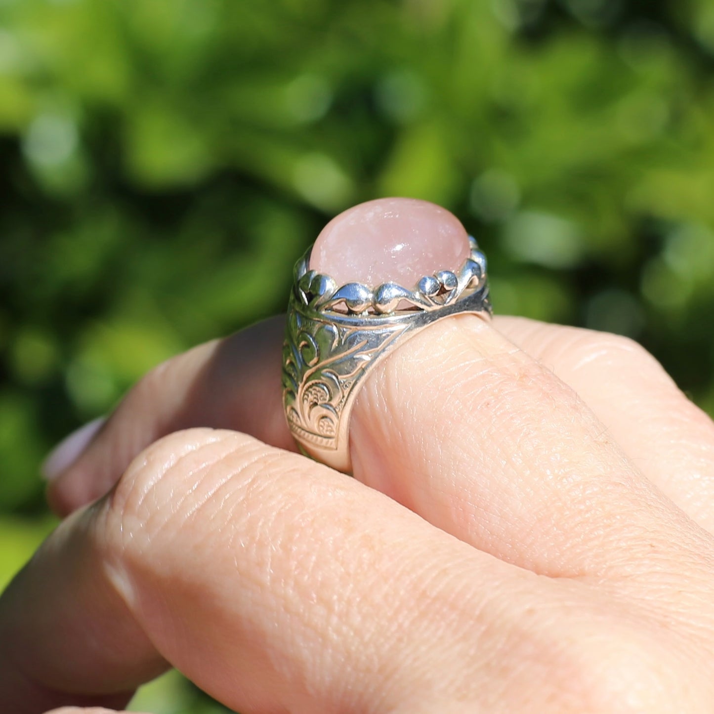 Rose Quartz Cabochon Ring, Sterling Silver, size O or 7.25