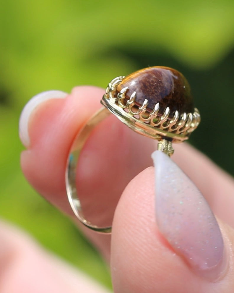 Second Glance - Antique Birmingham Made 1922 Tiger Eye Cabochon Ring, 15ct Yellow Gold, size I or 4.25, 2.27g