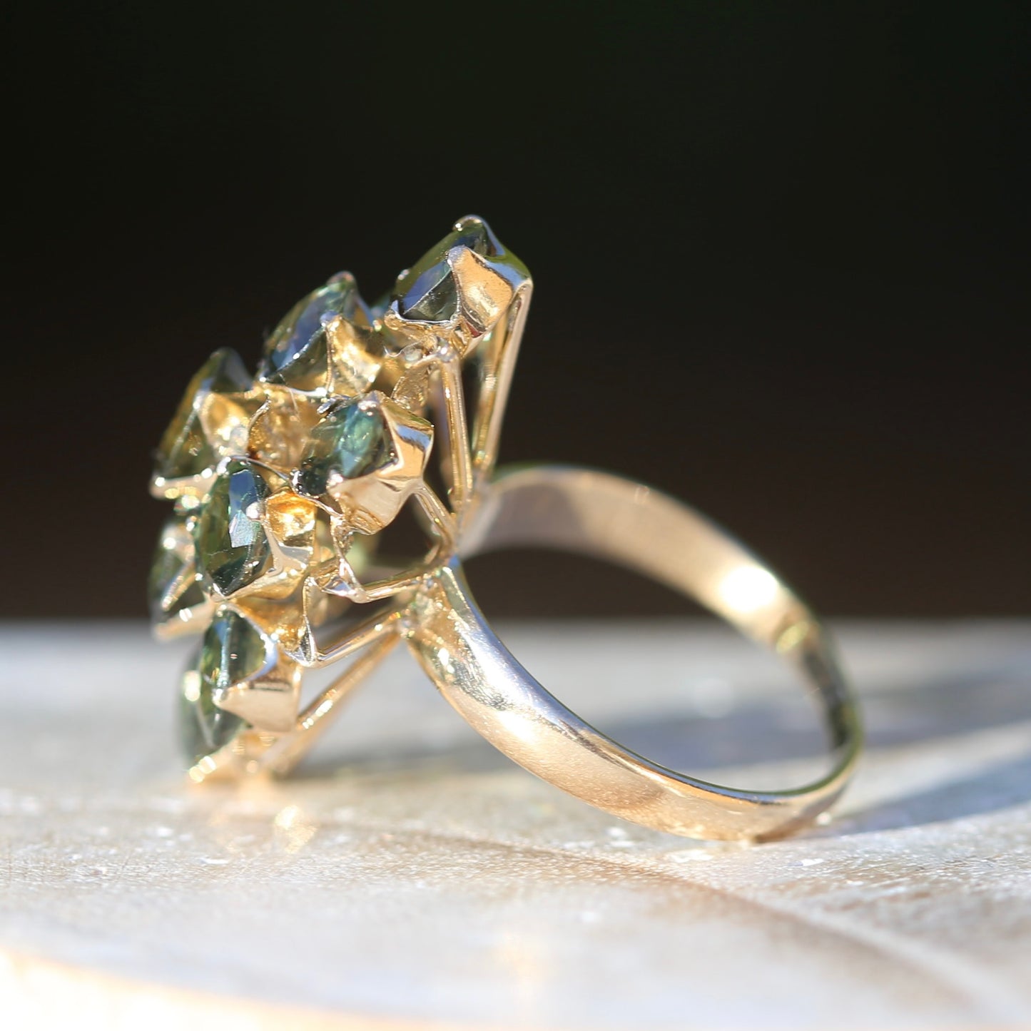 Brutalist Natural Green Sapphire Retro Ring, 14ct Yellow Gold, size 8 or Q