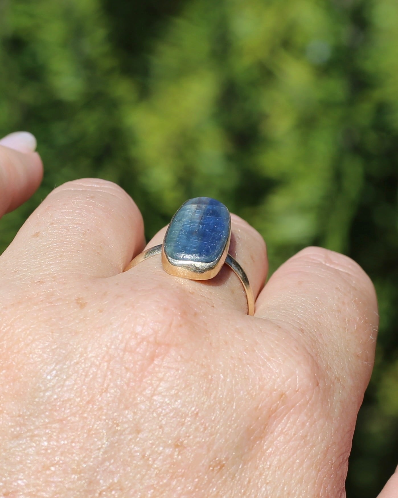 Rustic Freeform Labradorite Cabochon in Bezel Setting, 9ct Yellow Gold, size X1/2 or 11.75