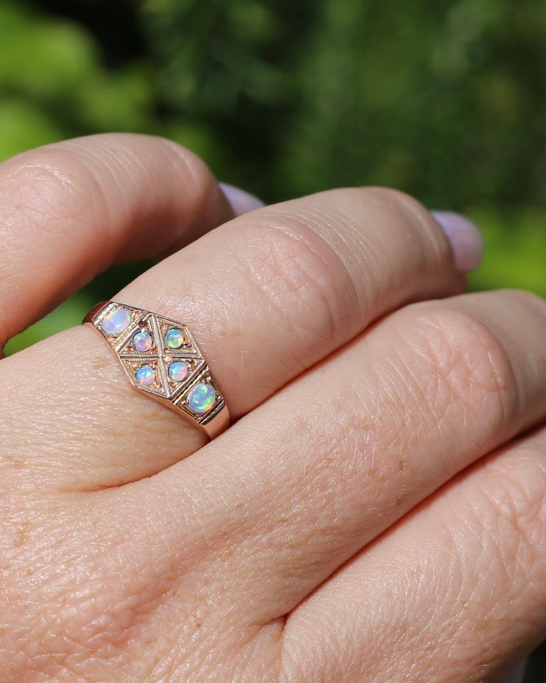 Outstanding Opals in Birmingham Made Rose Gold Shield Faced Ring, 9ct Rose Gold, size Q or 8.25, 2.57g