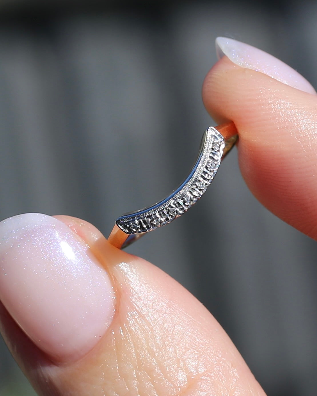Vintique 7 Stone Single Cut Diamond & Milgrain Curved Stacker Ring, 14ct Yellow and White Gold, size P or just over 7.5, 1.49g