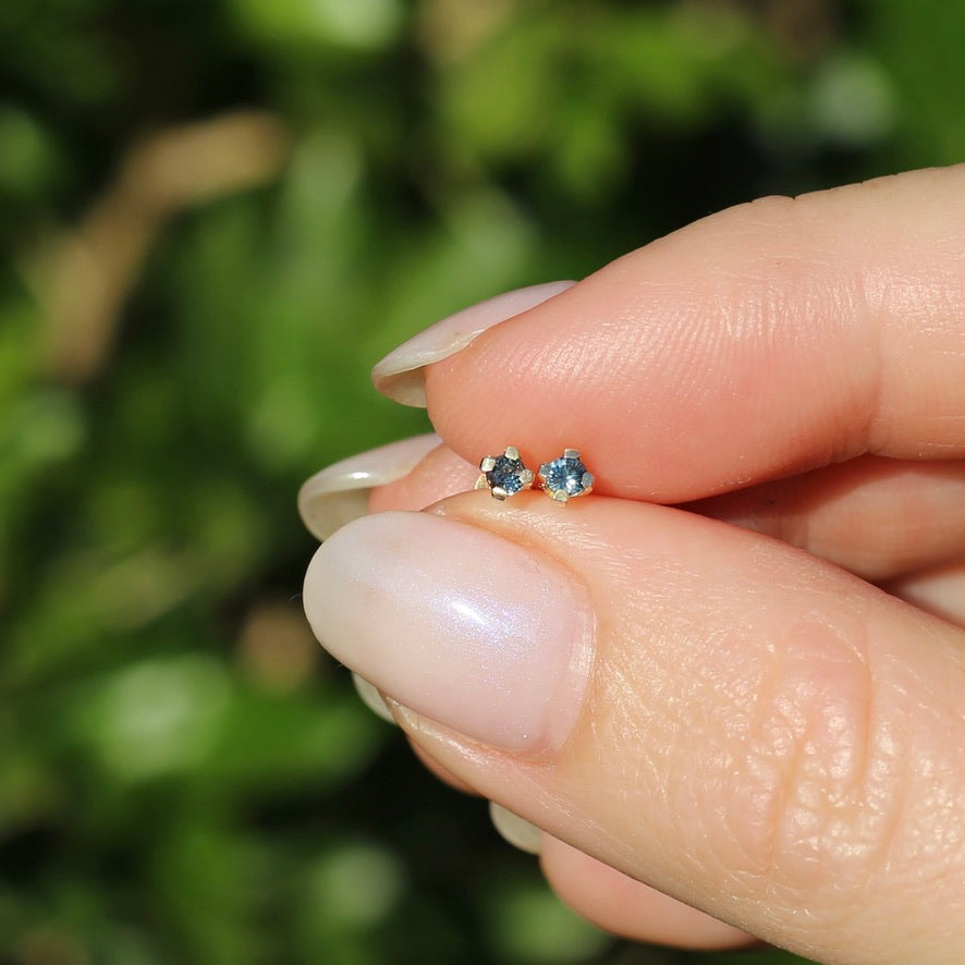 2.4mm Parti Stud Earrings, Parti Blue, 4 claw 9ct Yellow Gold