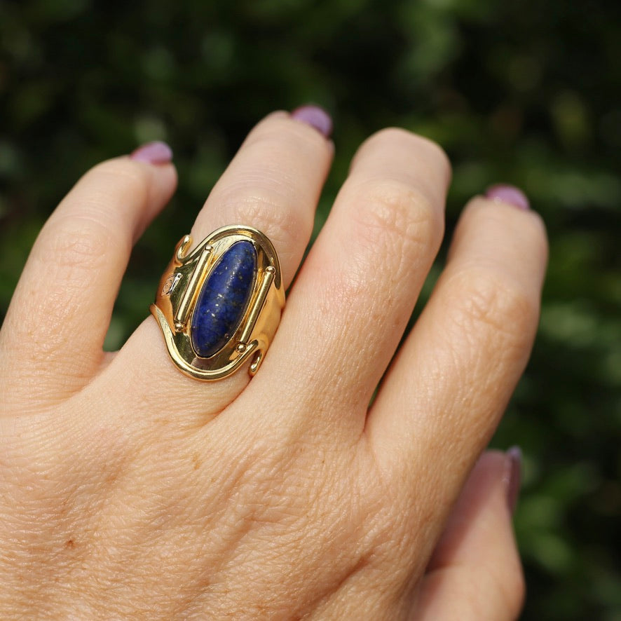 18ct Gold and Lapis Lazuli Cabochon Cuff Ring, size O but sizeable