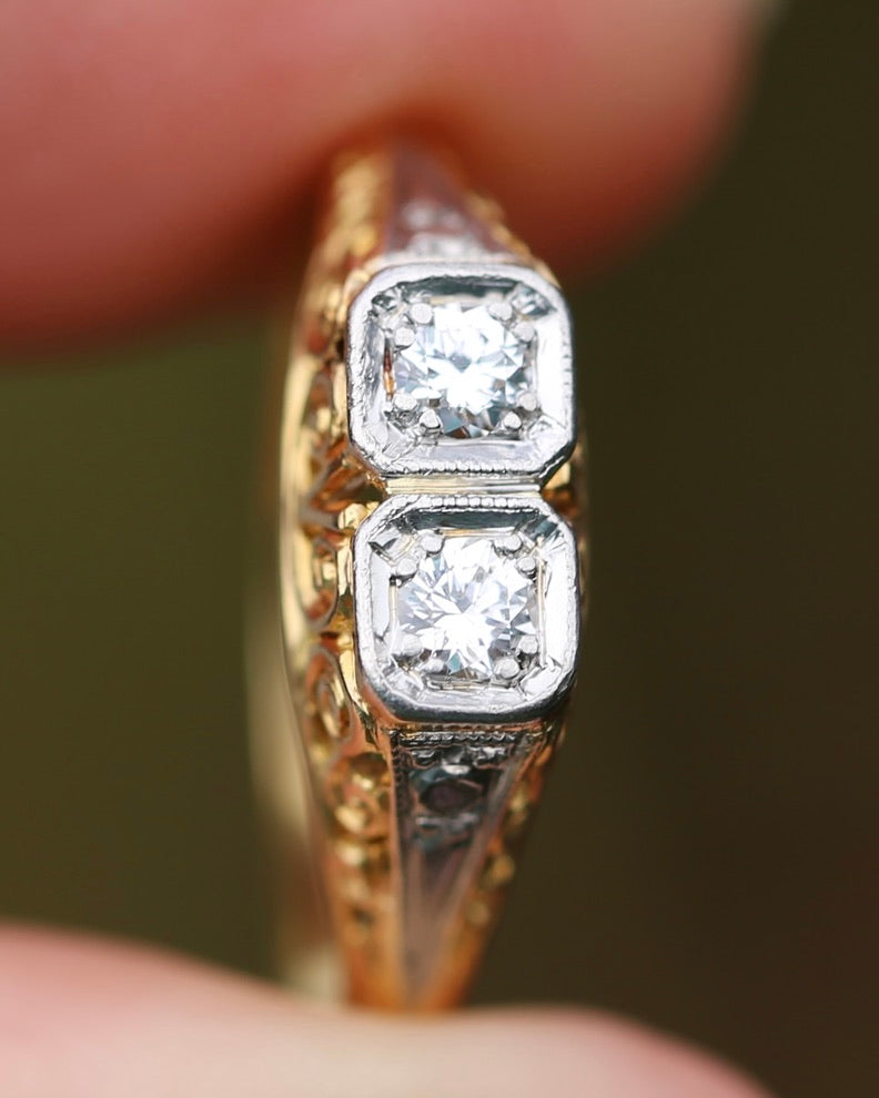 Circa 1910 Antique Toi Et Moi Transitional Cut Diamond Ring, 18ct Yellow Gold and Platinum, size N or just over 6.5, 2.42g, with valuation