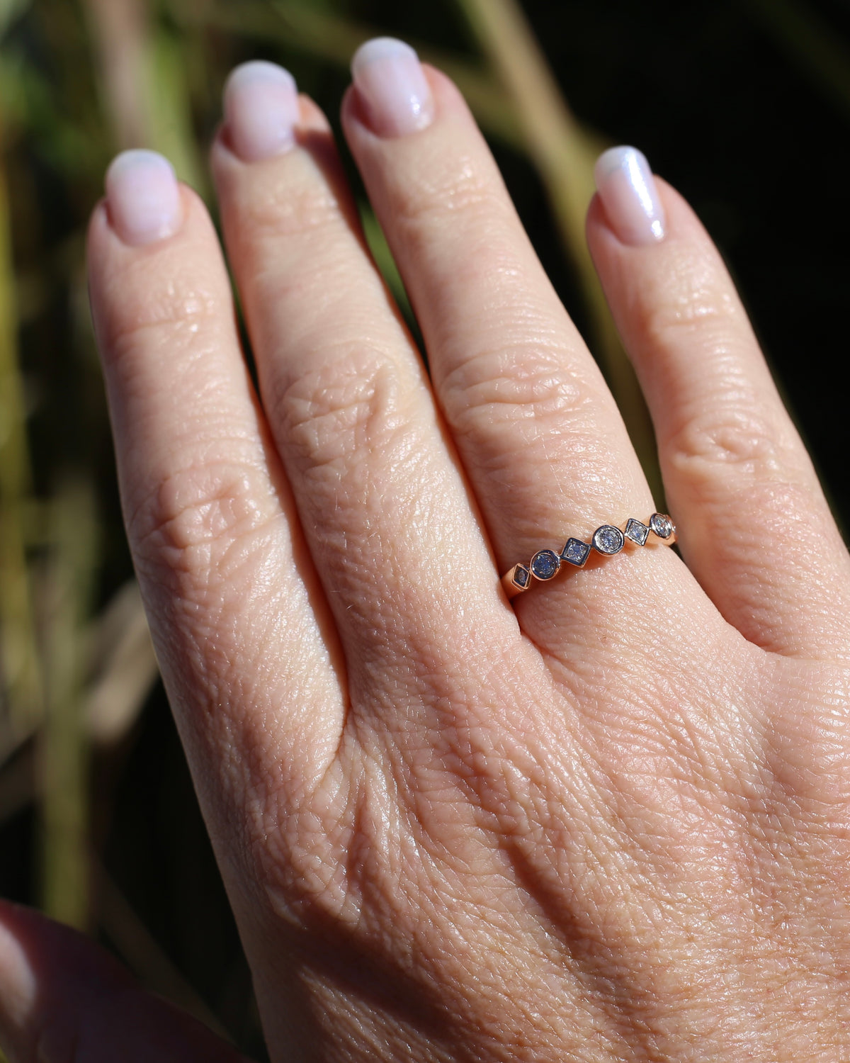 0.25ct 7 Stone Natural Diamond Bezel Set Round and Geometric Rose Gold Stacker, 10ct Rose Gold, size O or 7.25