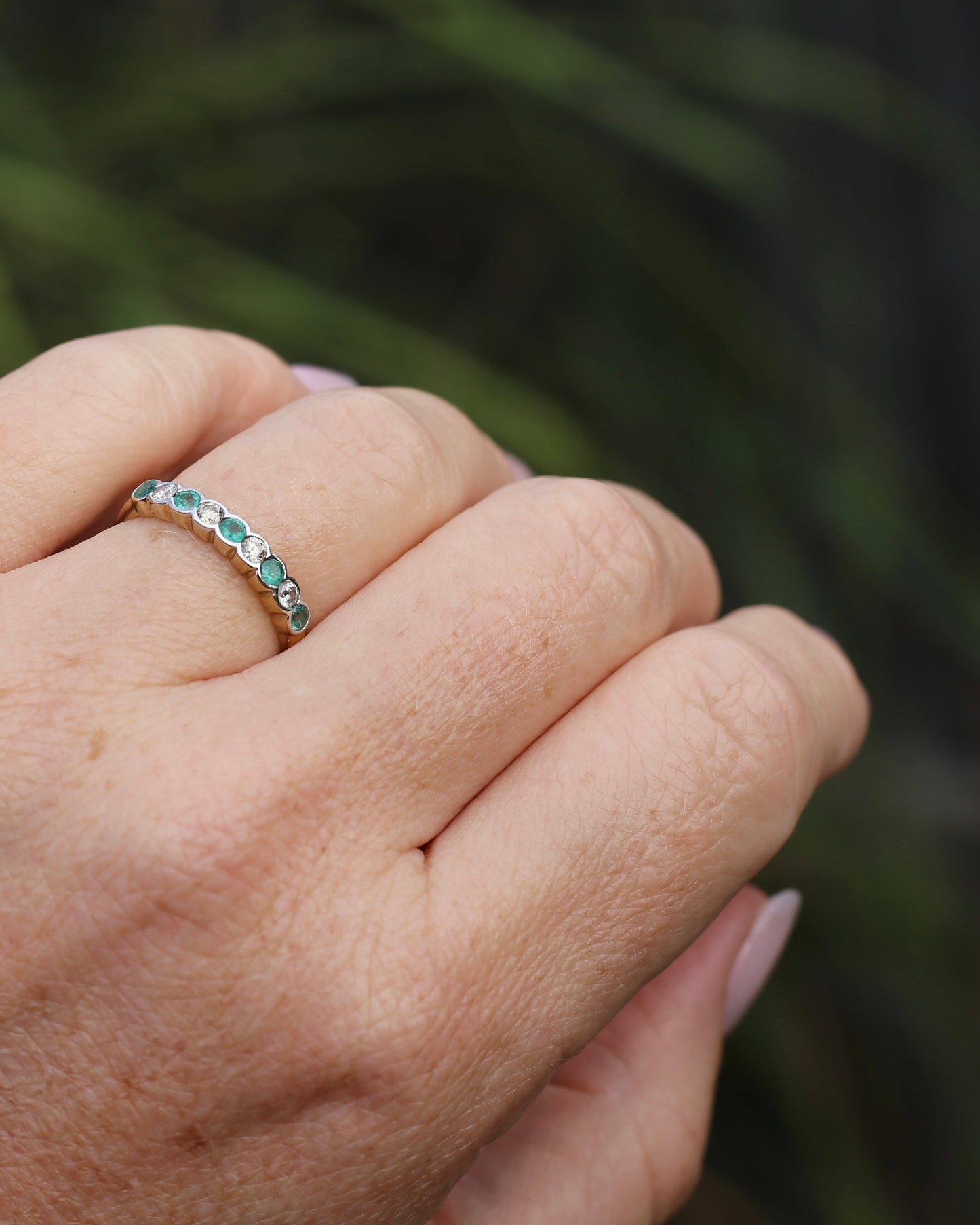 Natural Emerald and Diamond Half Hoop, 9ct Yellow and White Gold, size O or 7.25, 1.76g