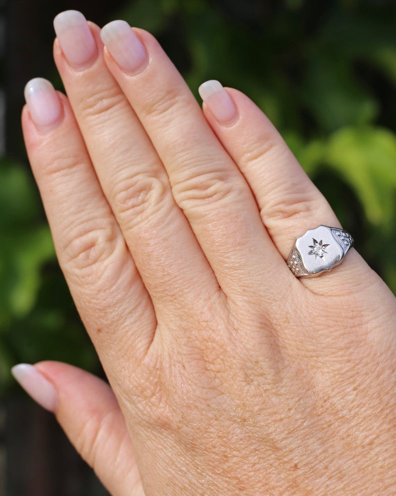 Vintage Shield Signet With Old Cut Diamond, 18ct White Gold, size N or just over 6.5 (fits more like an L1/2-M due to width), 6.86g