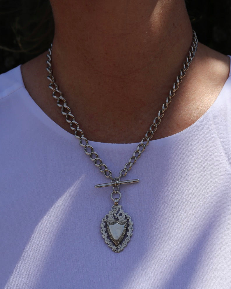 Birmingham Made 1903 Sterling Silver Watch Chains, Fob and T-bar, 47cm or 18.5 inches, 52,6g