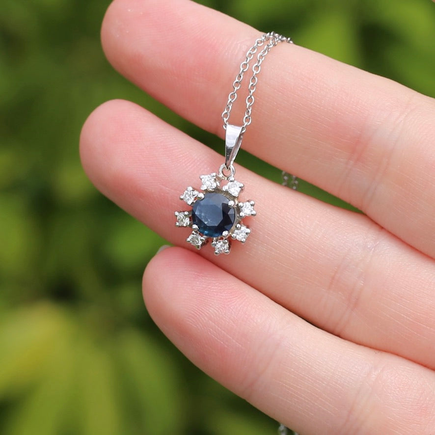 1.15ct Sapphire and Diamond Pendant, 14ct White Gold, with 9ct White Gold Chain