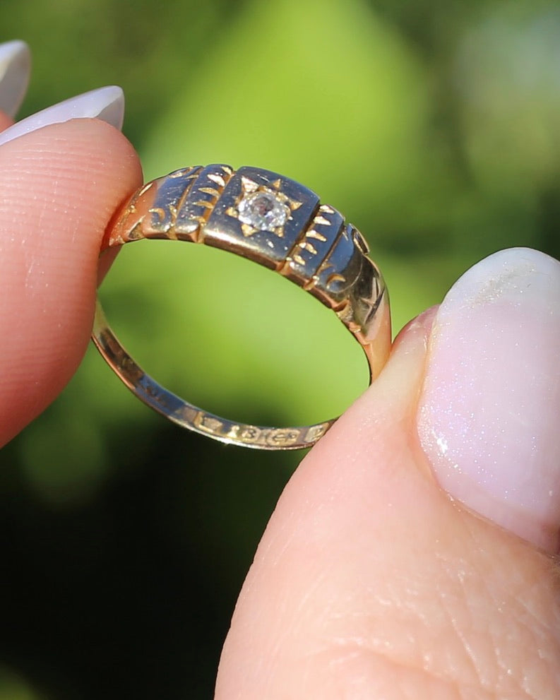 Antique 1898 Old Cut Diamond Star Set Carved Ring, 18ct Yellow Gold, size M1/2 or just under 6.5, 2.74g