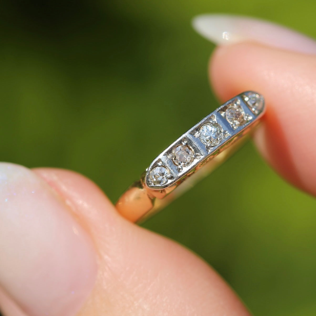 1930s Old Cut 5 Stone Diamond Ring, Platinum and 18ct Yellow Gold, size L or 5.75