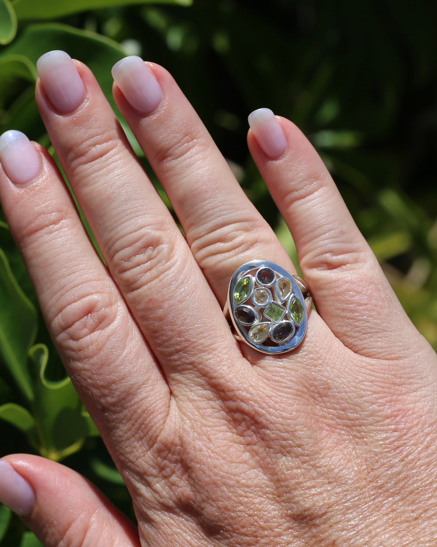 Peridot, Citrine and Smokey Quartz Bezel Set Ring, Sterling Silver, size P or 7.5, 8.27g