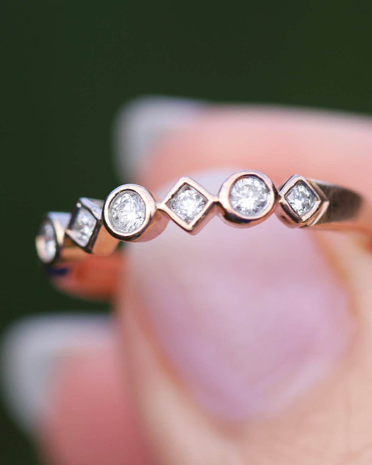 0.25ct 7 Stone Natural Diamond Bezel Set Round and Geometric Rose Gold Stacker, 10ct Rose Gold, size O or 7.25