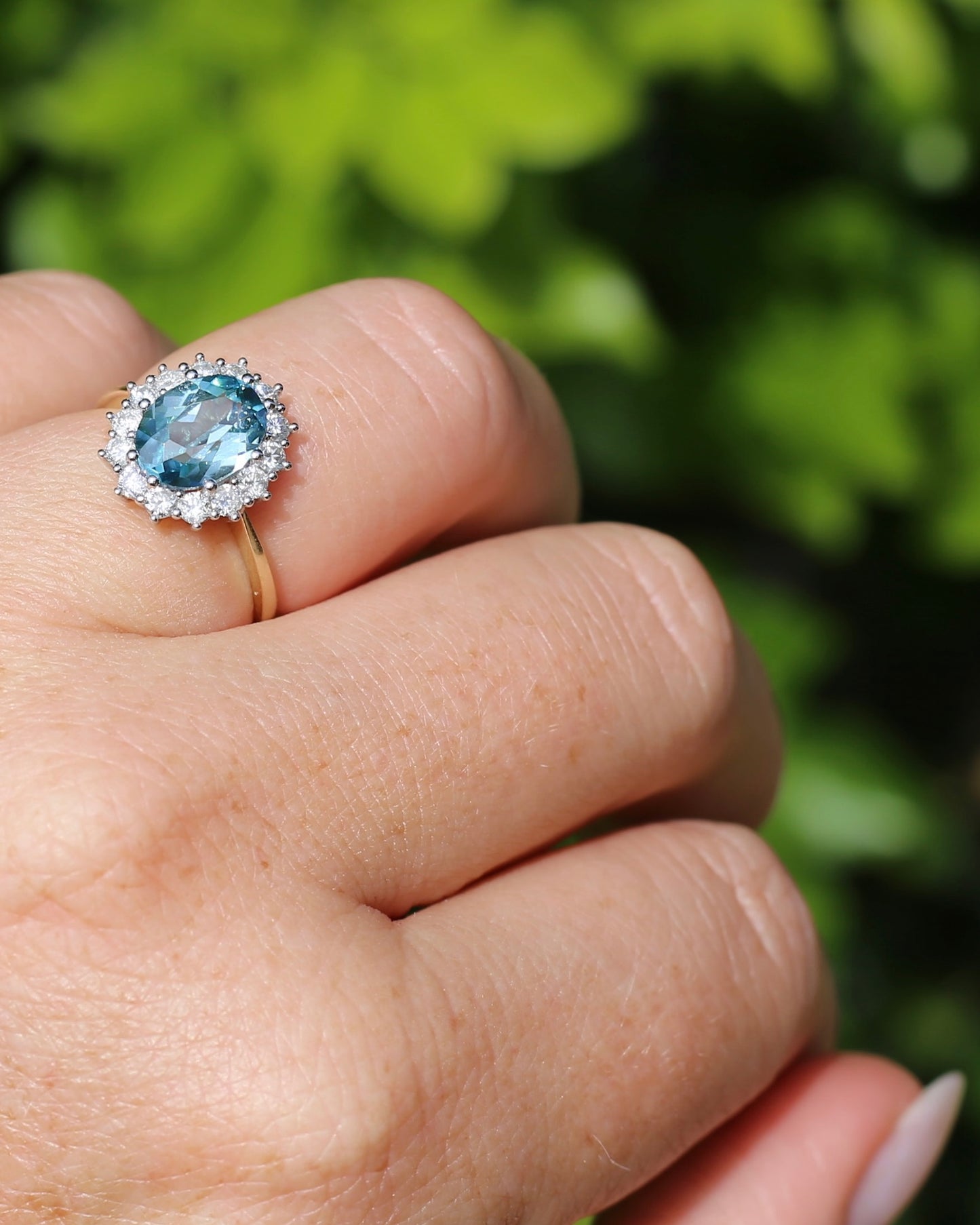 2.79ct Oval Blue Zircon and Diamond Halo, Vintage 9ct White and Yellow Gold, size M1/2 or 6.5