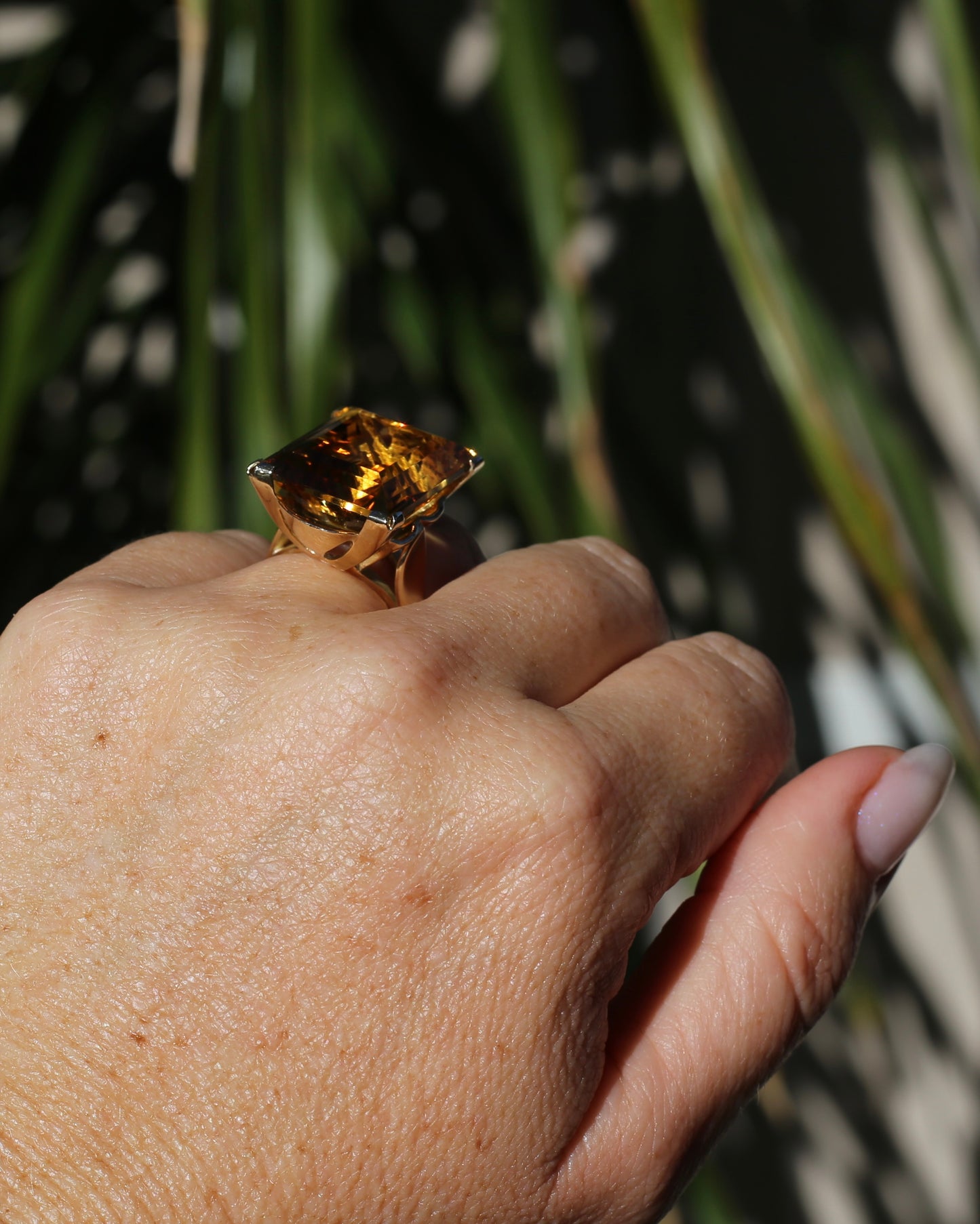 35ct Rectangular Step Cut Vivid Citrine in Chunky Vintage 9ct Yellow Gold Ring, size N1/2 or 7, 15.12g