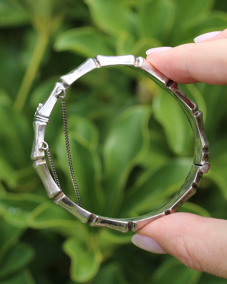 1962-1963 Birmingham Made Silver Bamboo Hinged Bangle with Safety Chain, Sterling Silver, 17.96g