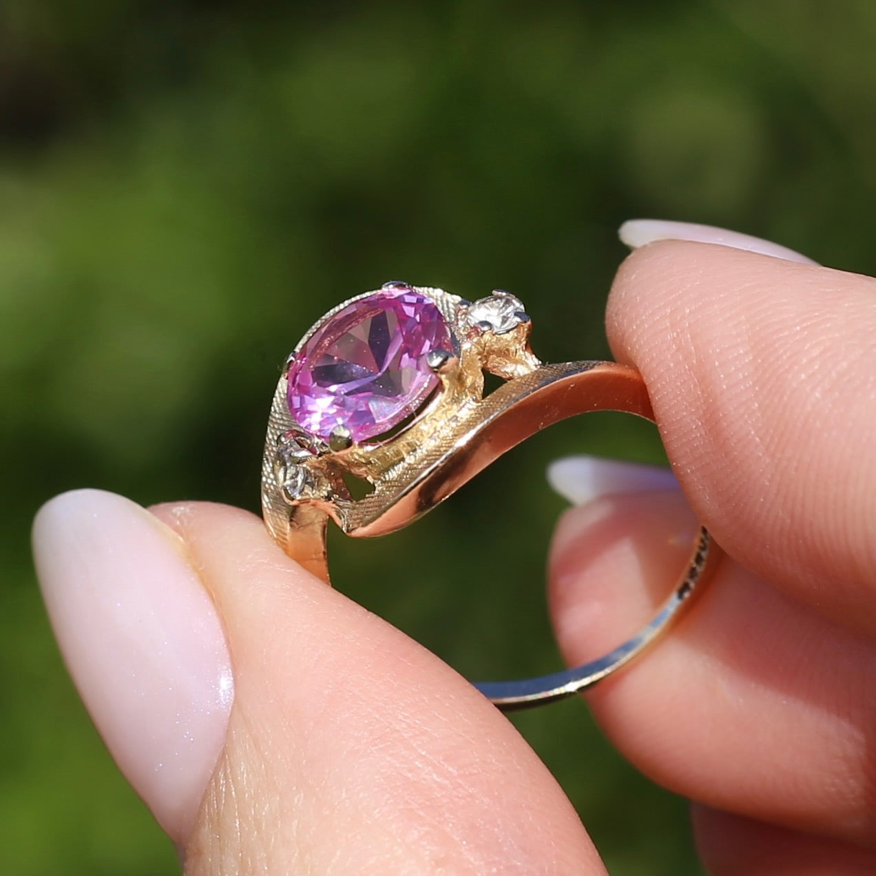 Asymmetric Pink Sapphire and White Spinel Dress Ring, 10ct Yellow Gold, size  N or 6.75