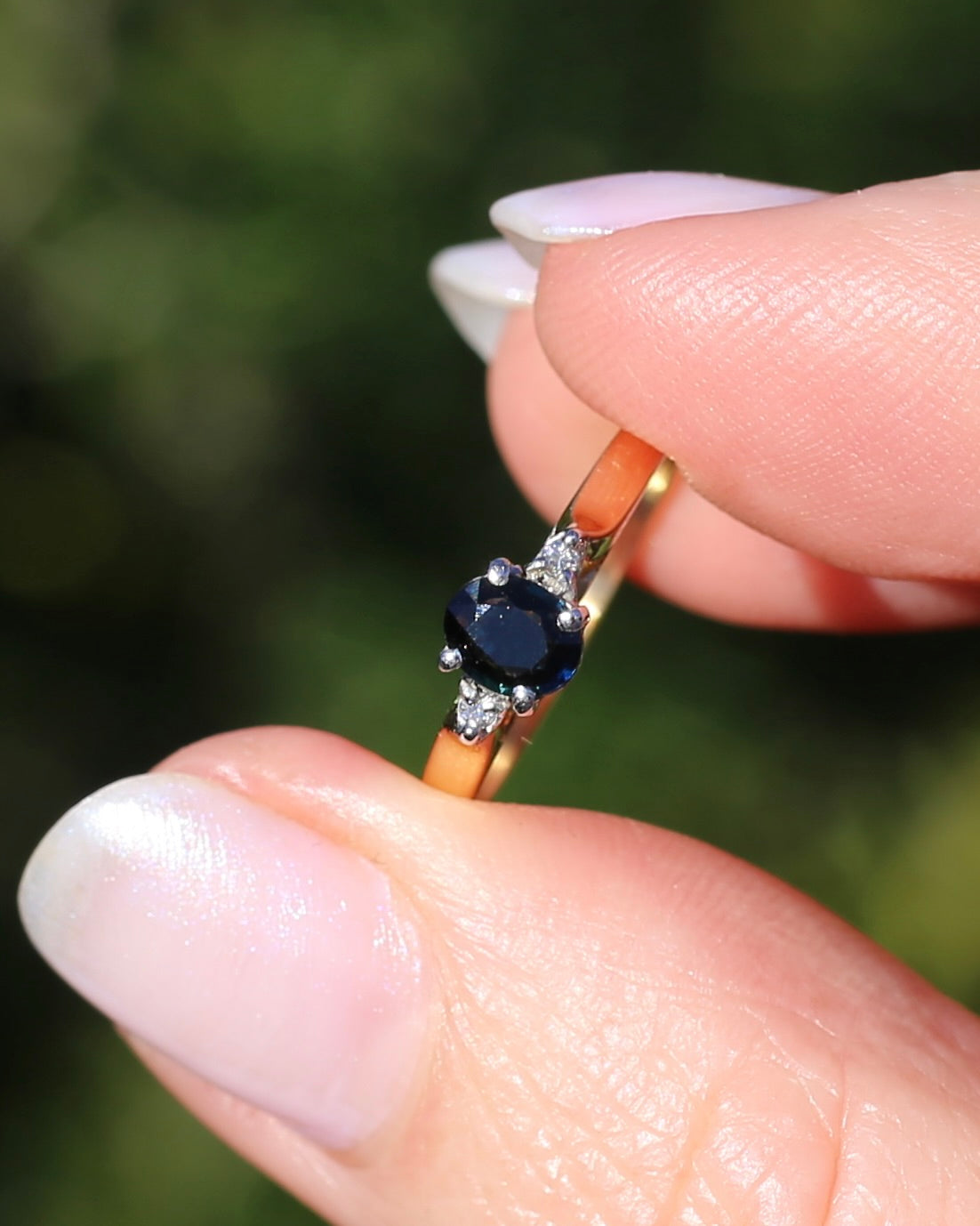 Dark Australian Sapphire and Diamond Dainty Trilogy, 9ct Yellow and White Gold, M1/2 or 6.5, 1.75g