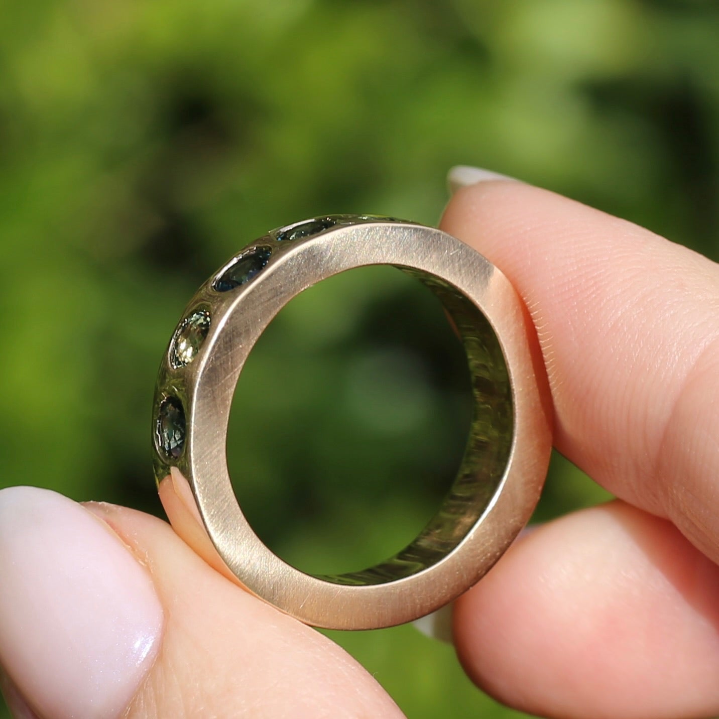 Custom Reclaimed Gold Chunky 9ct Rings with 4mm Parti Sapphires