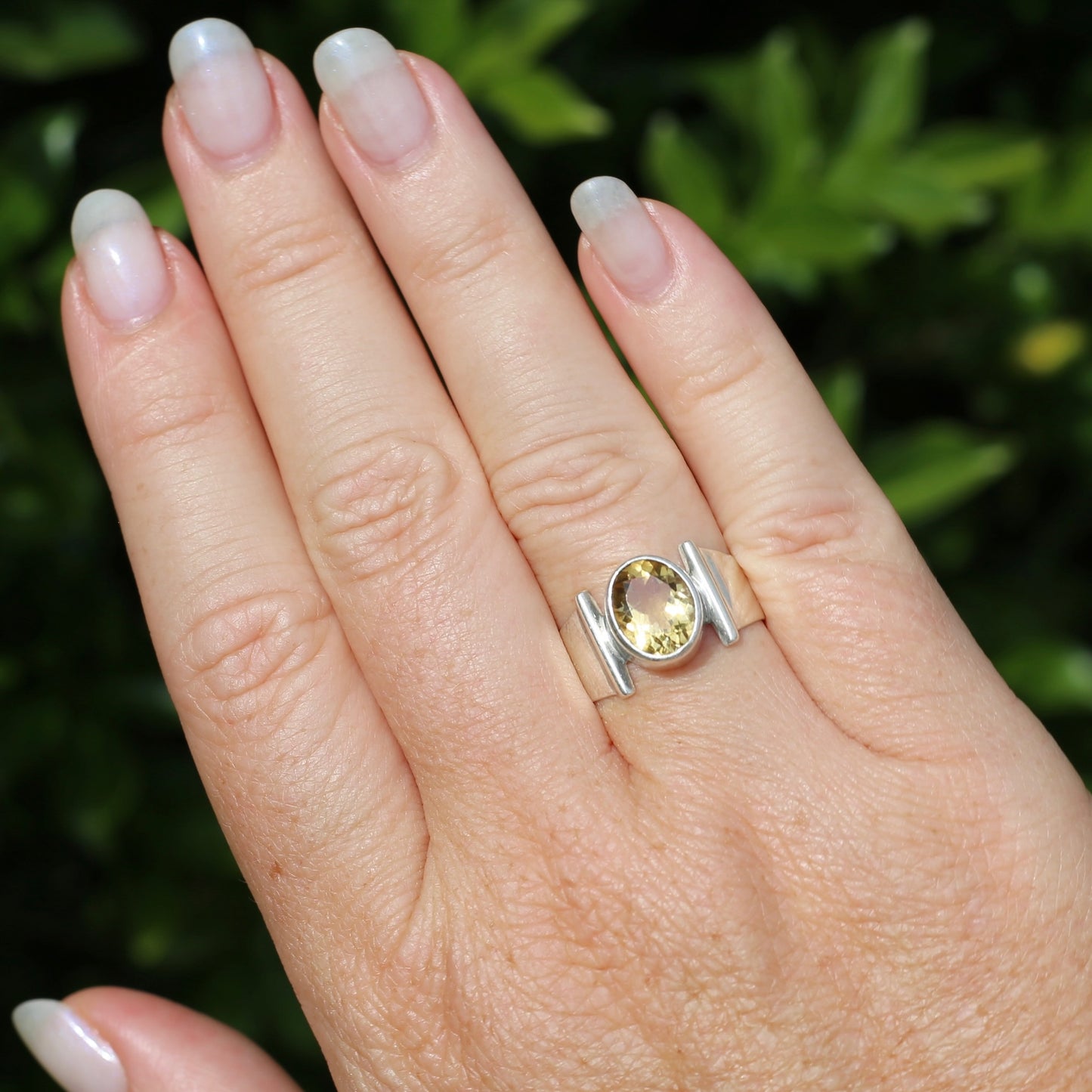 Bezel Set Oval Citrine Ring with Bar Shoulders, Sterling Silver, fits like size R