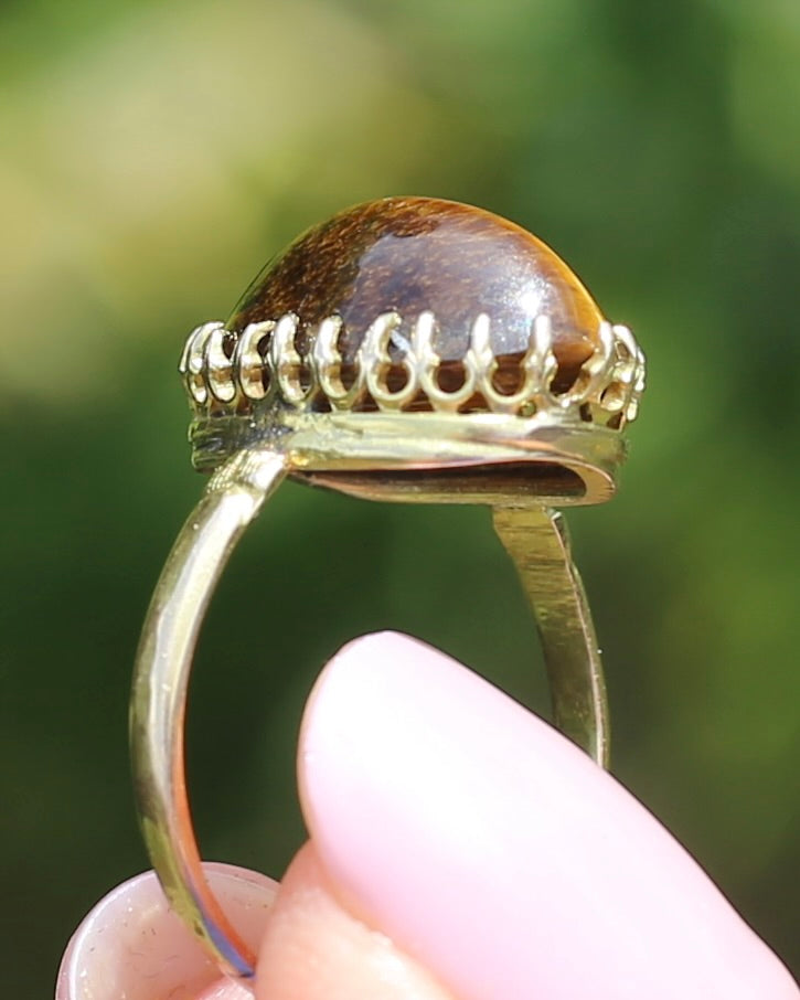 Second Glance - Antique Birmingham Made 1922 Tiger Eye Cabochon Ring, 15ct Yellow Gold, size I or 4.25, 2.27g