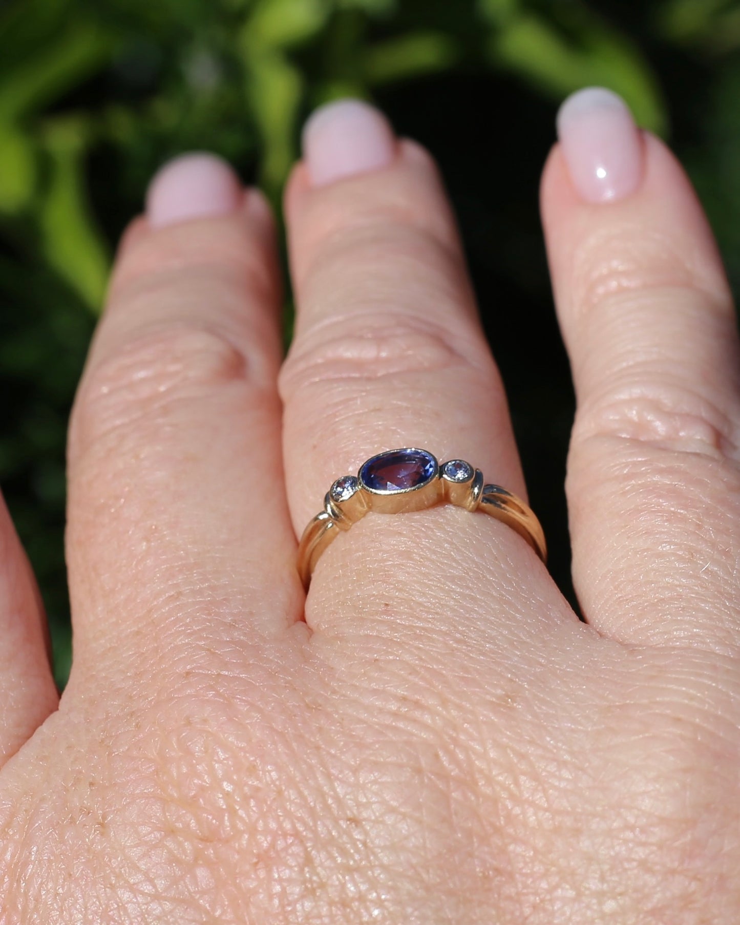 Vintage Bezel Set Cornflower Blue Sapphire and Diamond Ring, 9ct Yellow Gold, size O or 7.25