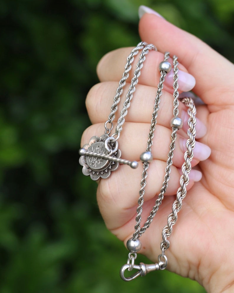 Antique 1896 Double Albertina Necklace with T-bar and Floral Pendant, Sterling Silver, 18.85g