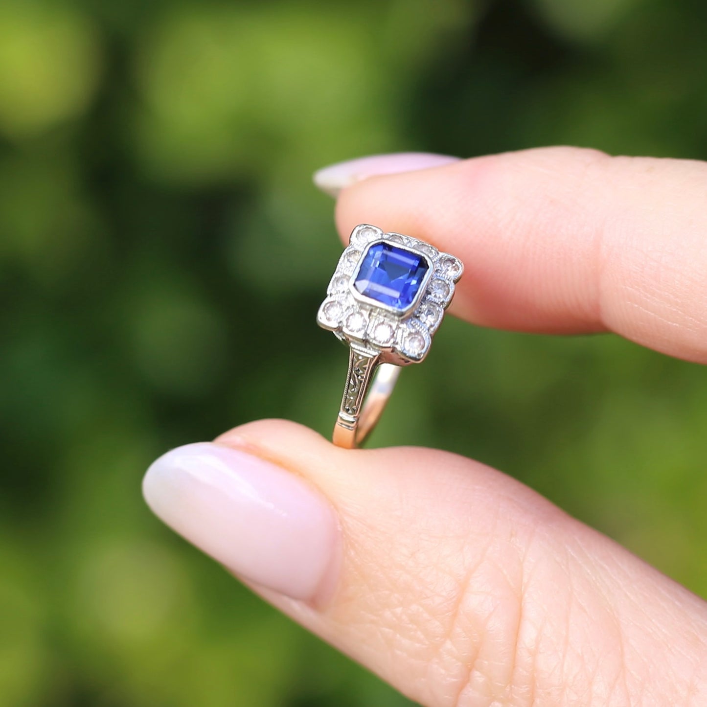 1930s Mixed Metal, Sapphire and White Spinel Halo Ring, 9ct Yellow and White Gold, size J1/2 or 5