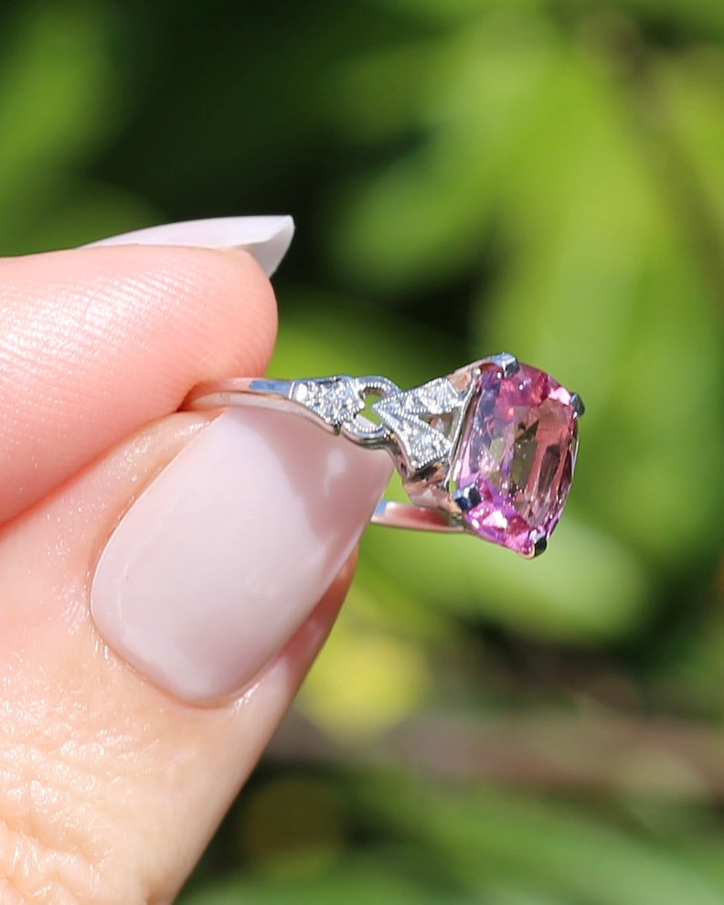 Pale Pink Tourmaline and Old Cut Diamond Shoulder Ring, 18ct White Gold and Platinum, size N or 6.75, 2.63g